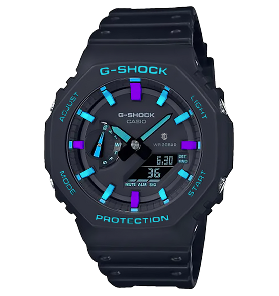 Casioak Black Blue Details | Mark 01 | Fluo Light Blue / Purple Indices & Case